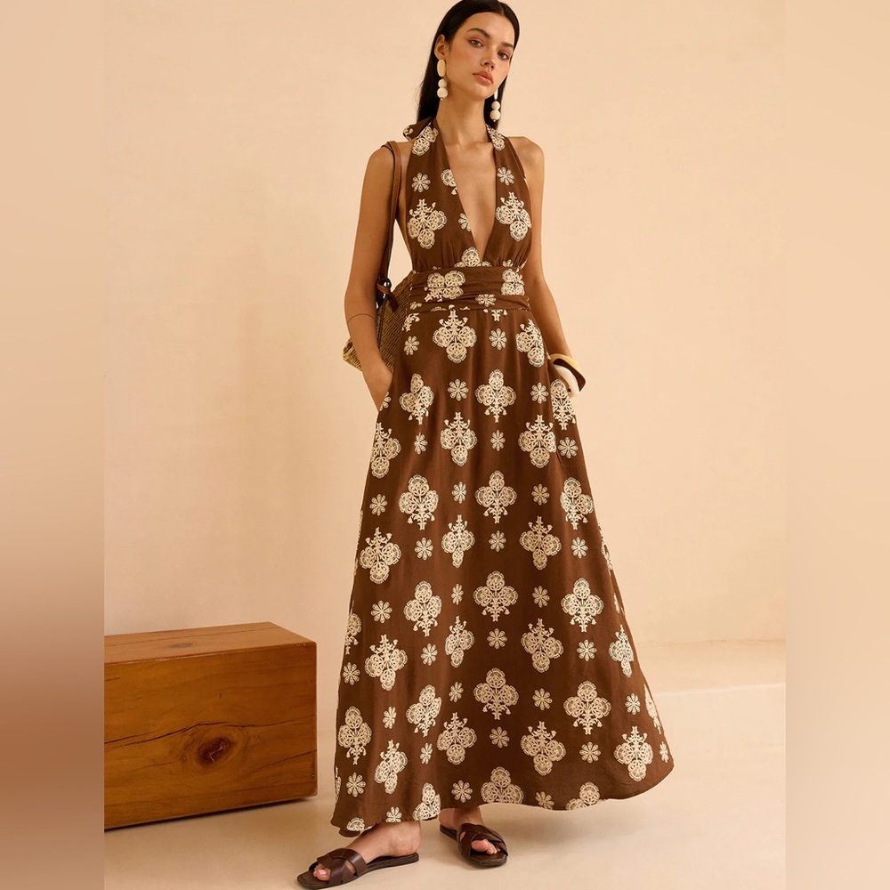 12 Floral Print Pocketed Halter Neck Maxi Dress - Picture 2 of 6